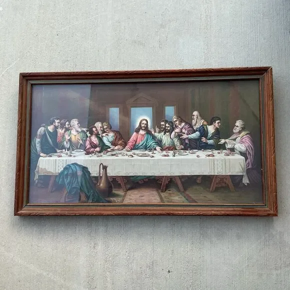 Vintage Last Supper Jesus Framed Religious Print Wood Frame Christian Wall Art