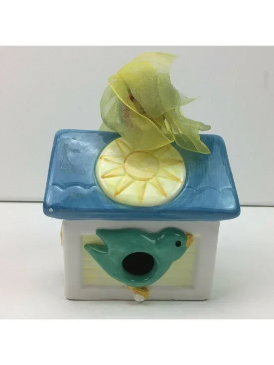 White Ceramic Birdhouse Blue Birds Sun Flowers Purple Yellow Green Ribbon