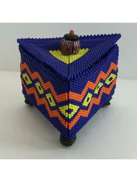 Handmade Beaded Small Box Royal Blue Orange Yellow Tribal Tchotchke