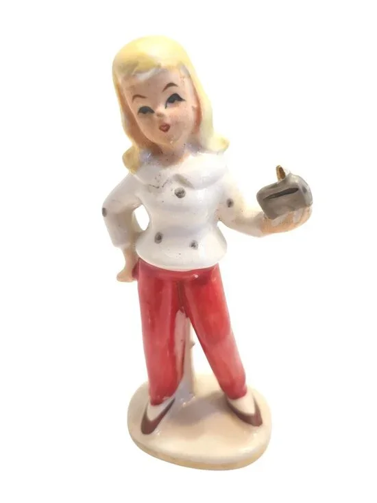 Vintage Small Ceramic Figurine Of Woman Red Pants & White Blouse with Radio READ