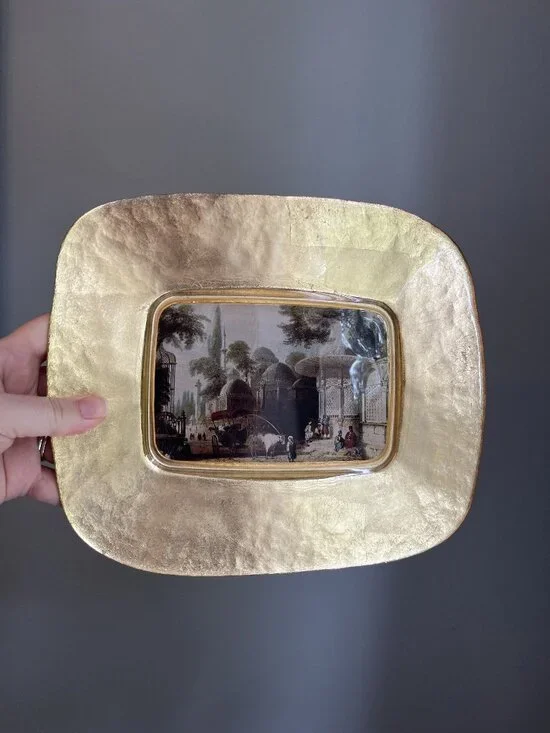 Pasabahce Gold Plated Sehzade Mosque Art Glass Tray With Ottoman Scene Design