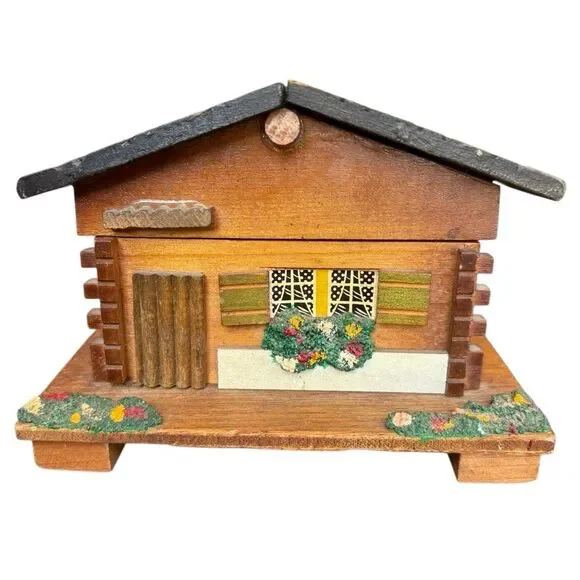 Vintage Mid-Century Swiss Chalet Wooden Music Box - Made in Japan - Works!