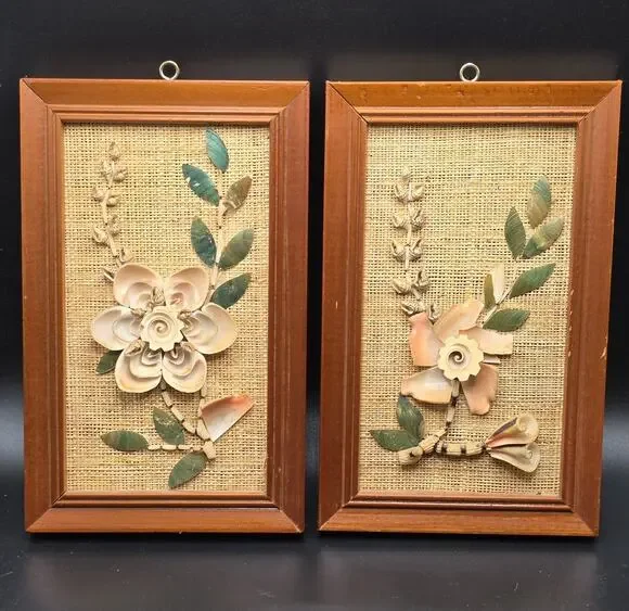 Vintage Mid Century 3D Seashell Flower Art Framed Picture Set MCM Coastal Decor