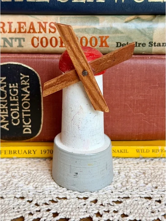 Vintage Hand Painted Wooden Windmill Figurine Folk Art Miniature Decor