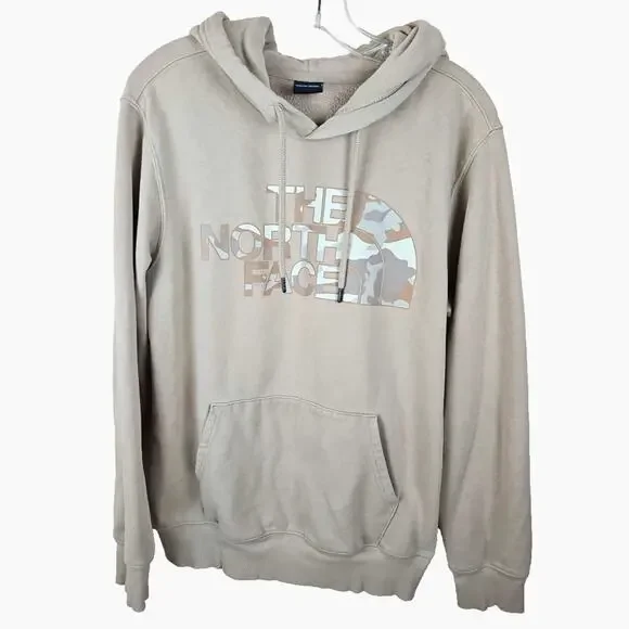 The North Face Hoodie Mens Medium Half Dome Pullover Beige Spellout Camo Logo