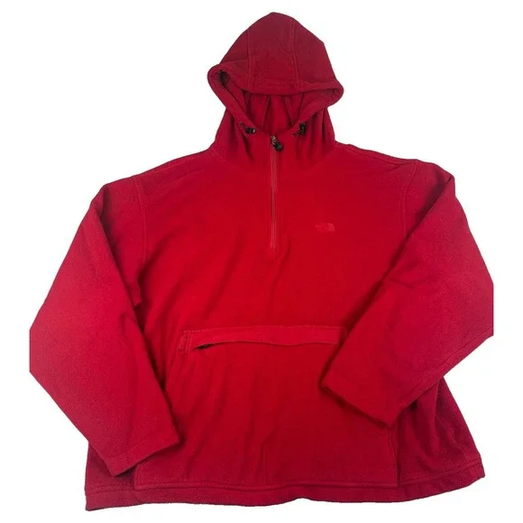 The North Face Fleece Hoodie Mens XXL Red 1/4 Zip Pullover Anorak Kangaroo