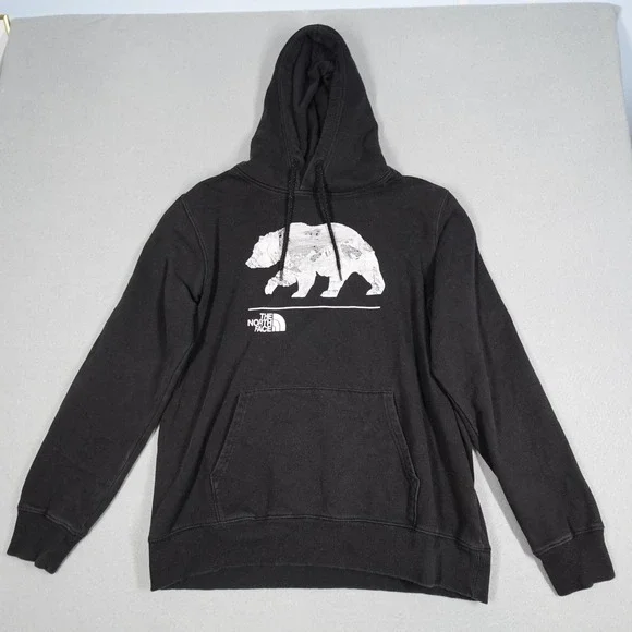 The North Face Hoodie Mens L Black Bear Graphic Pullover Outdoor Casual Fleece