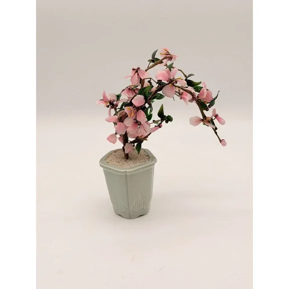 Vintage Glass Cherry Blossom Bonsai Tree Celadon Ceramic Pot Pink Green Asian