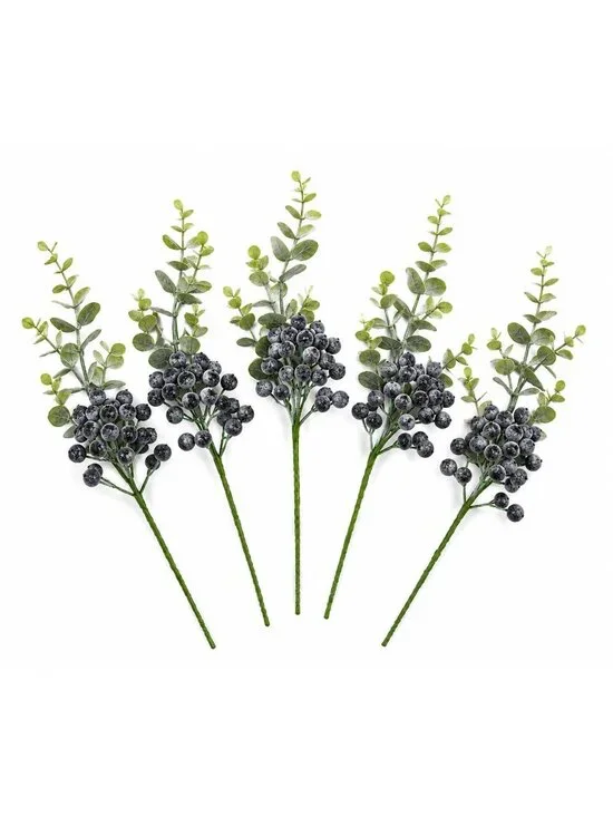Artificial Black Frosted Berry Picks with Eucalyptus, Set of 5, 14 Inch Wired St