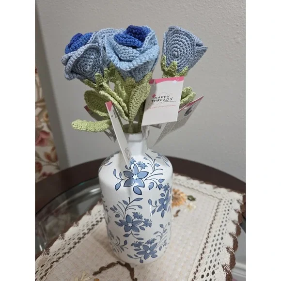 Handmade Crochet Blue Roses – Set of 5 | Knit Floral‎ Bouquet | Home Décor Gift