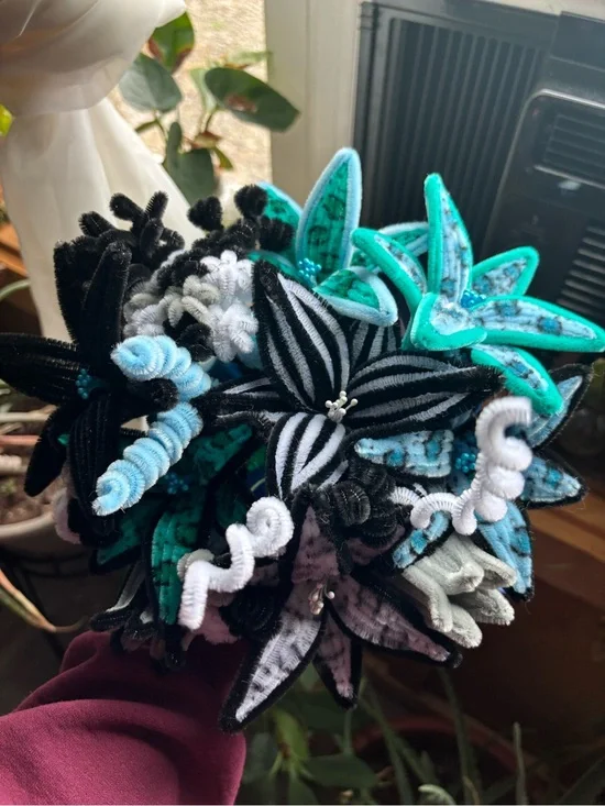 Large Handmade Teal & Black Floral Bouquet