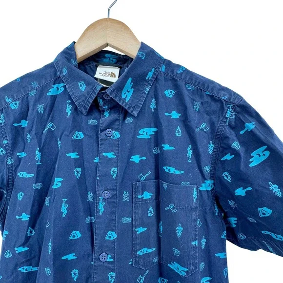 The‎ North Face Mens Short Sleeve Camping Print Button Down Shirt Navy Blue M
