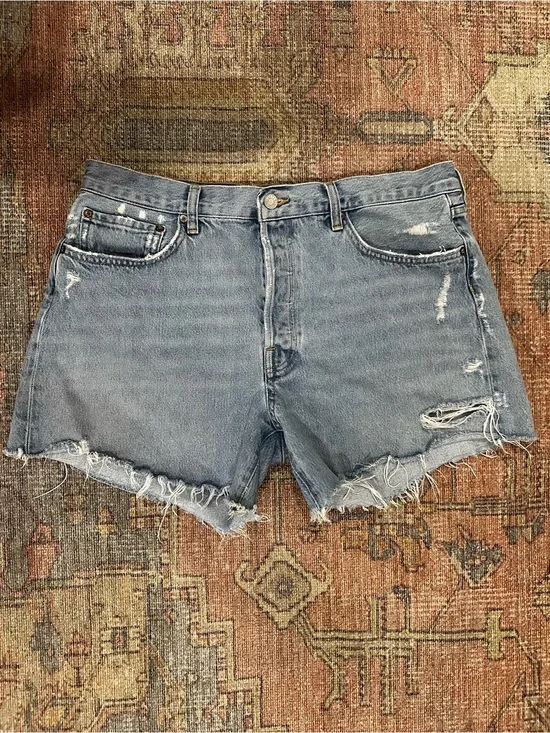 Agolde Parker Long Distressed Light Blue Denim Cutoff Shorts