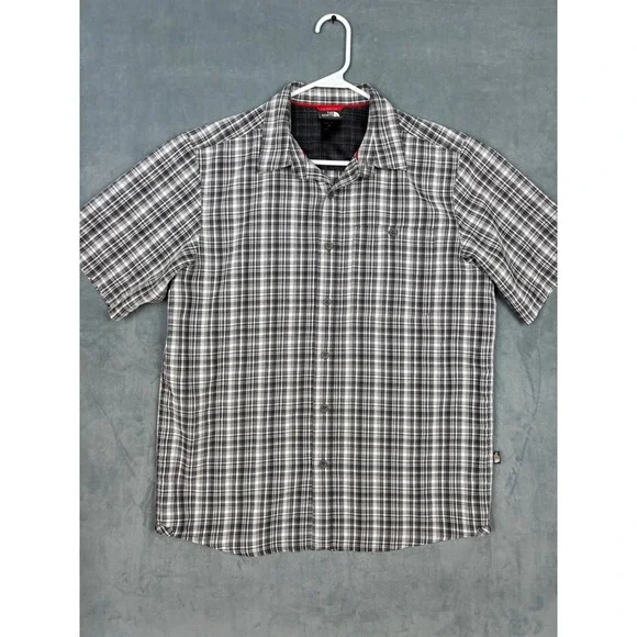 The North Face Mens Plaid Short Sleeve Button Up Shirt Black Grey White Medium