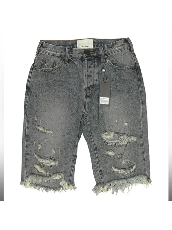 One Teaspoon Trucker Denim Shorts High Rise Distressed Black Gray Bermuda 24 NWT