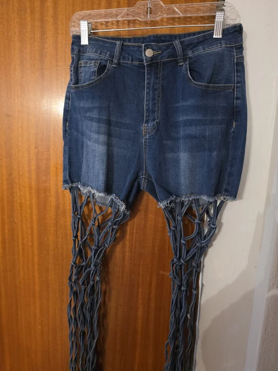 Dark Blue Fringe-Trim Denim Shorts Jeans