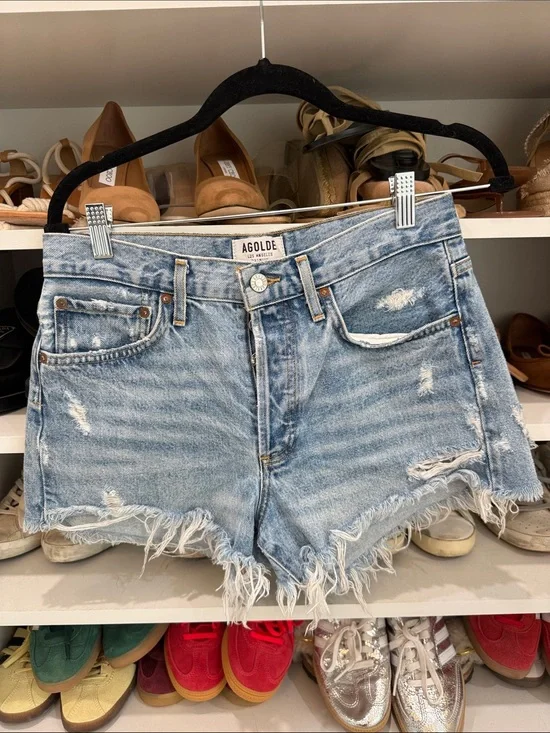 Agolde Light Wash Frayed Denim Cutoff Shorts