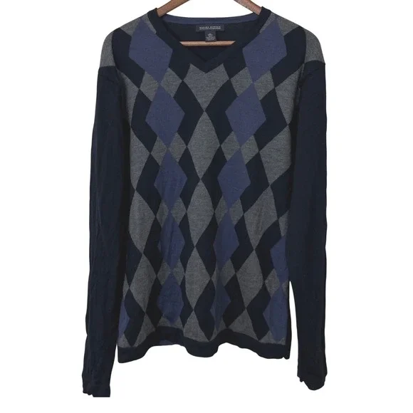 Banana Republic Sweater Men's M/L Extra Fine Merino Wool Blue Argyle Y2K Vintage