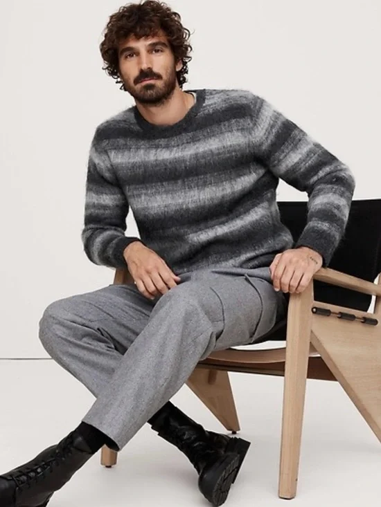 Alpaca Wool Banana Republic Men's Striped Grey Crewneck Sweater.Size XL