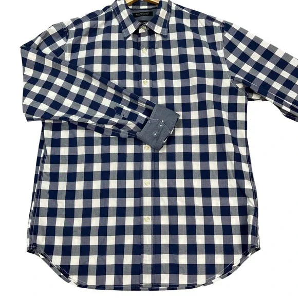 Banana Republic Button Down Shirt Mens Medium Navy White Gingham Check Flip Cuff
