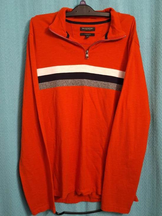 Banana Republic Bright Red Quarter-Zip Pullover with Stripe Band