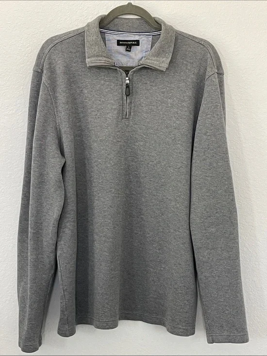 Banana Republic Men’s L Gray 1/4 Zip Pullover Cotton Navy Elbow Patch