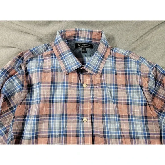 BANANA REPUBLIC Men's Blue/Red Plaid Slim-Fit Soft-Wash Stretch Shirt Button Up‎