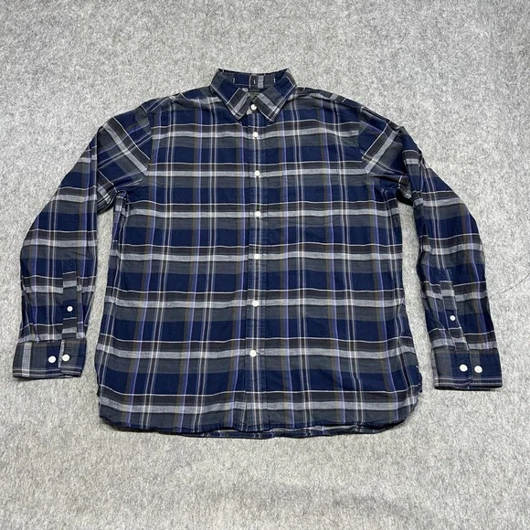 Banana Republic Shirt Mens Large Blue Plaid Linen Organic Cotton Untucked Button