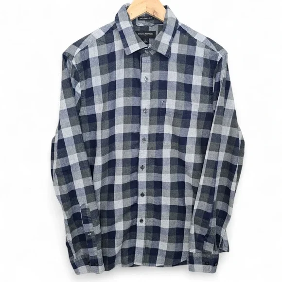Banana Republic Shirt Mens Medium Gray Blue Button Up Check Untucked Fit Flannel
