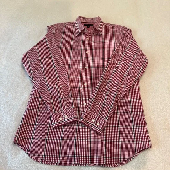 Banana Republic Men's Large Red White Check Shirt Tailored Slim Fit Non Iron