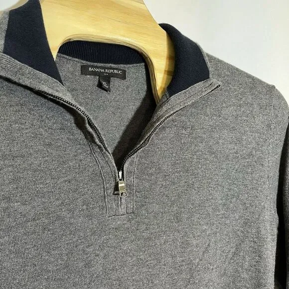 Banana Republic Men's XL Gray 1/4 Zip Mock Neck‎ Sweater Preppy Cotton Blend
