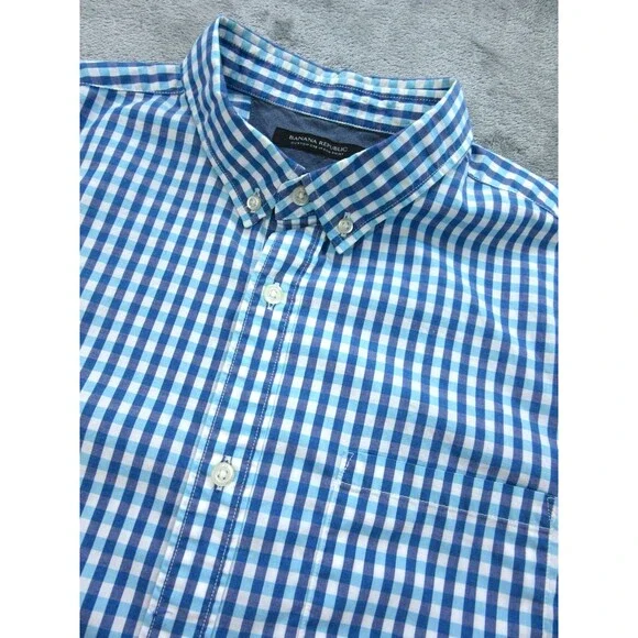 Banana Republic Shirt Mens Large Camden Fit Plaid Blue Long Slv Buttoned Down