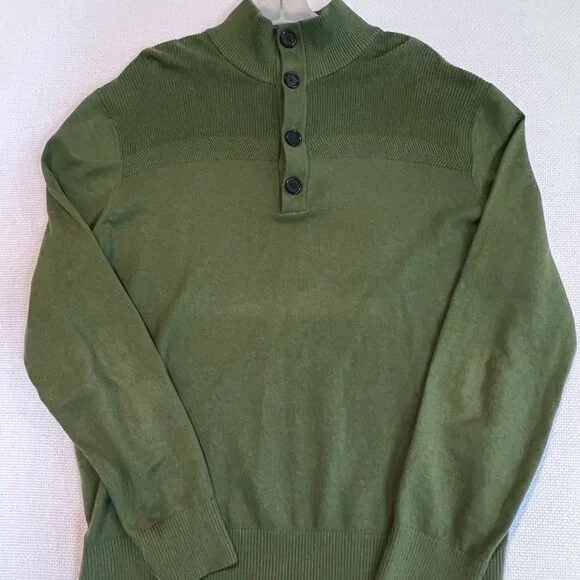 Banana‎ Republic 1/4 Button Mock Neck Pullover Sweater Olive Green Knit Sz Large
