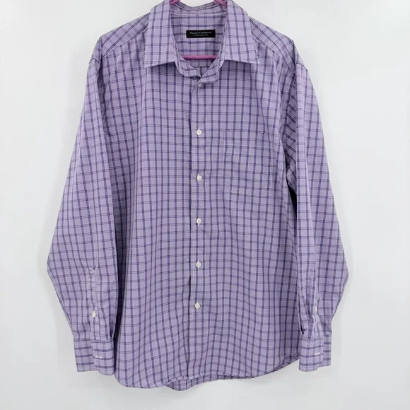 Kenneth Roberts Wrinkle‎ Resistant Purple White Plaid Men's Shirt Size Large