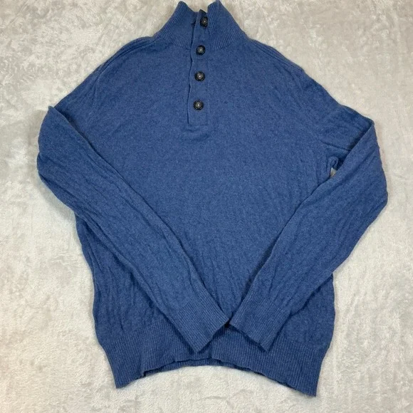 Merino Wool Blend Button Mock Neck Pullover  Blue made‎ of Italian Yarn Sz L