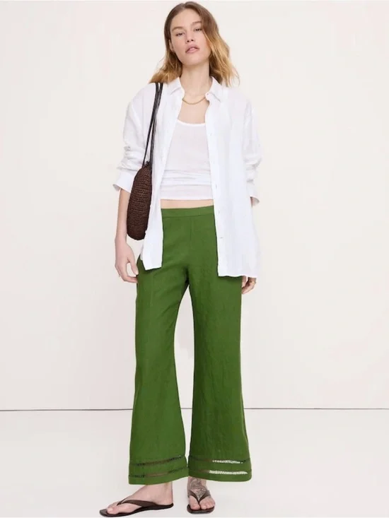 NWT Banana Republic Mid Rise Kick Flare Linen Ankle Cactus Green Pant Sz 8.