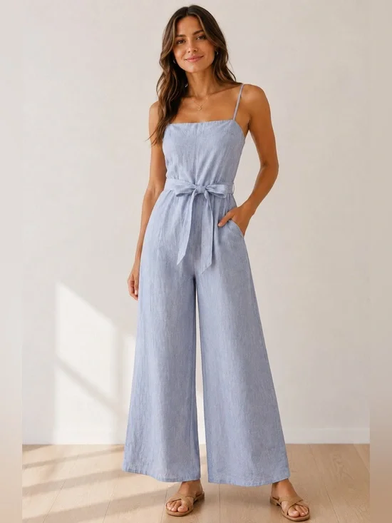 Banana Republic Linen blend Jumpsuit Blue Tie Waist Size 0‎