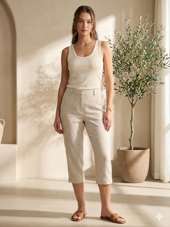 Women’s H&M Classic Crop Linen Blend Straight Leg Pants - Cream Size 12 Beach