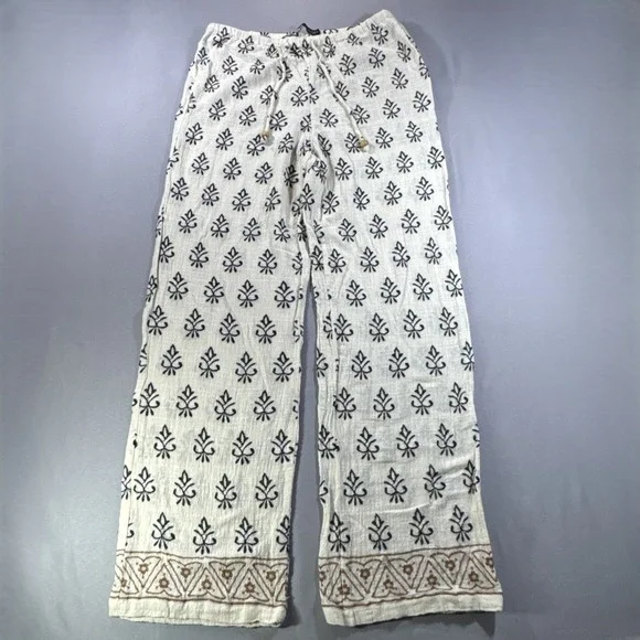 ZARA Women L Cotton Blend Wide Leg Boho Pants Embroidered Floral Cream Black L