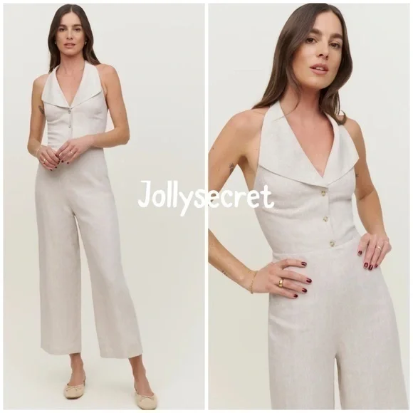 Reformation Cream Halter Linen Jumpsuit