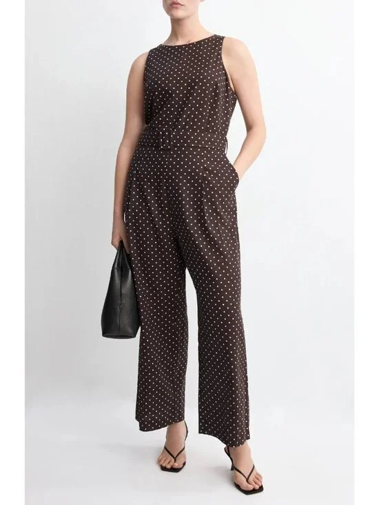 Mango Women's Round Neck Polka-Dot Belt Jumpsuit Brown/White NWOT Pockets MED