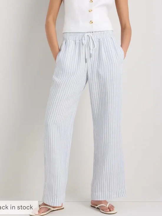 NWT Quince 100% European Linen High Rise Wide Leg Blue Stripe Pants Size Large