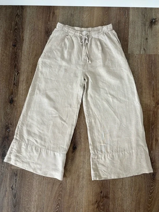 Zara Linen Wide-Leg Palazzo Drawstring Pants in Natural Size: XS /