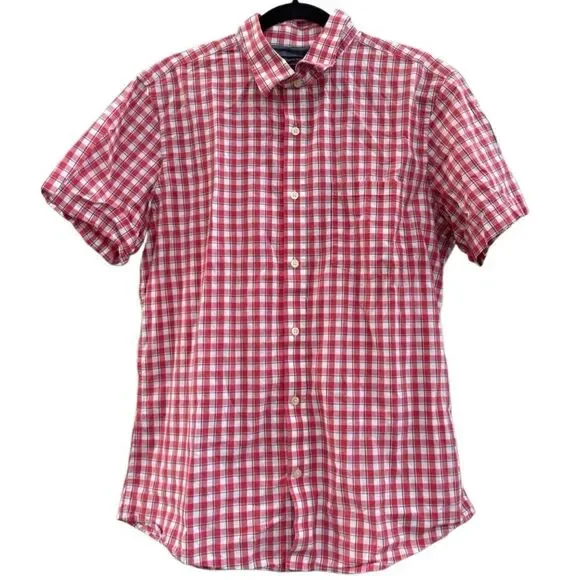 Banana Republic Men's Red White & Blue Plaid Short Sleeve Button Up Shirt Large