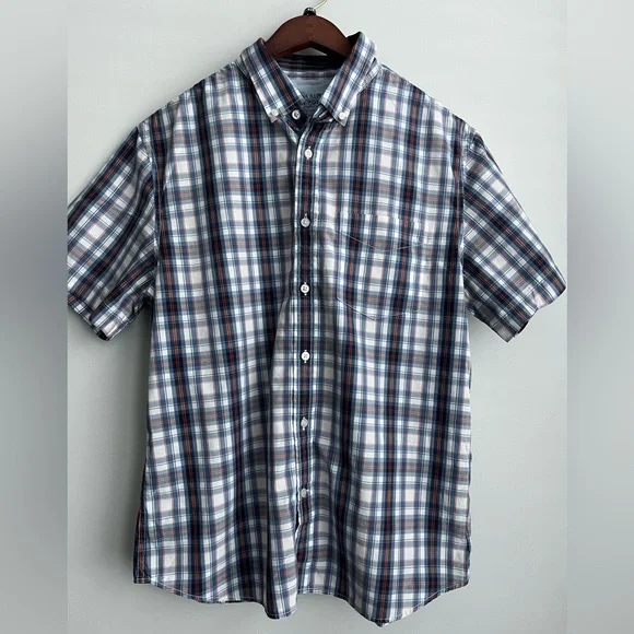 Banana Republic Lux Poplin short sleeve button down plaid shirt slim fit size L