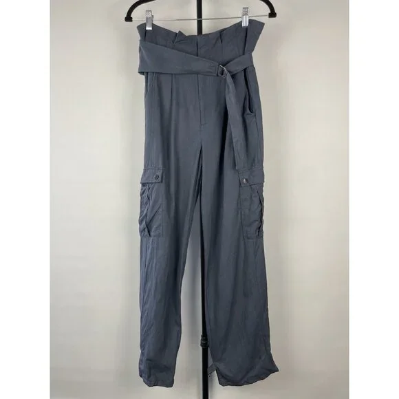 Zara Womans Tapered Cargo Pants High Rise Paperbag Sz S Blue Gray Linen‎ Blend