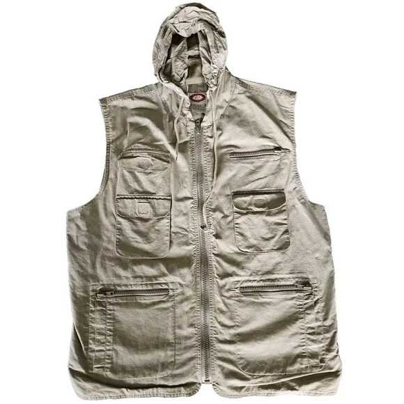 VTG BANANA REPUBLIC Men's Safari Vest XL Beige Full Zip Hooded Cargo Pockets
