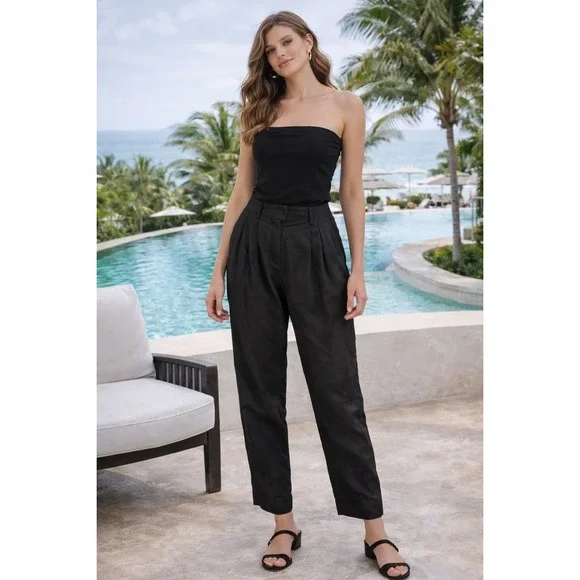 HM Black Linen Blend High Waisted Pleated‎ Tapered Trousers Pants Womens Size 4
