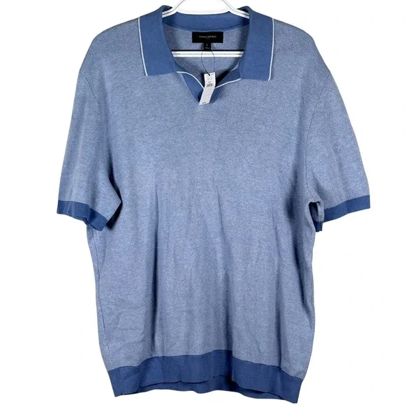 Banana Republic Sweater Polo Mens L Blue Cotton Johnny Collar Short Sleeve NEW