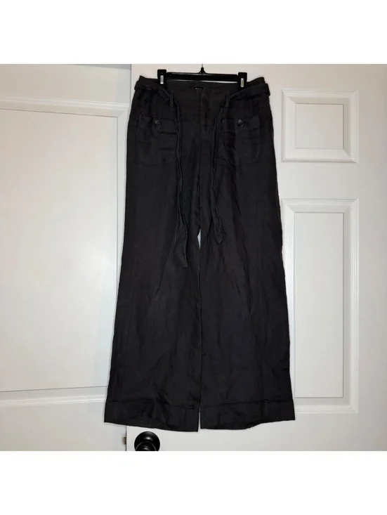 Banana Republic Dark Gray Wide Leg Cuffed Belted Linen Pants Womens Sz 0